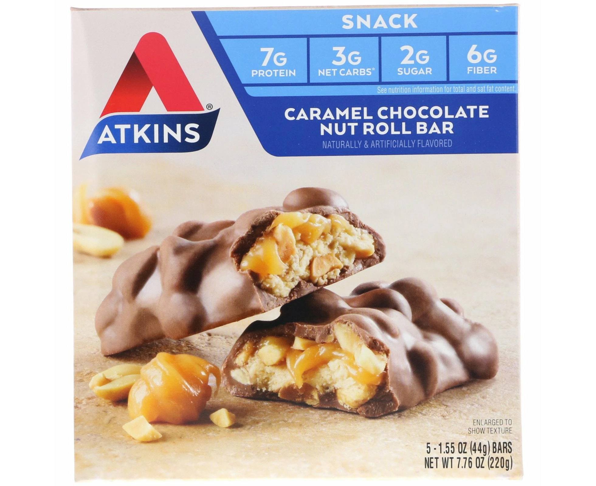 Atkins, Caramel Chocolate Nut Roll Bar, 5 Bars, 1.55 oz (44 g) Each