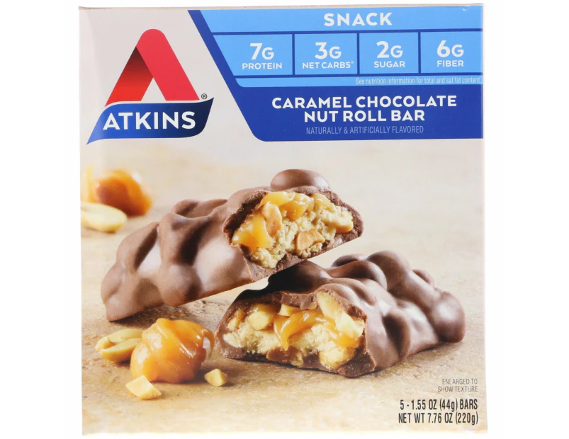 Atkins, Caramel Chocolate Nut Roll Bar, 5 Bars, 1.55 oz (44 g) Each