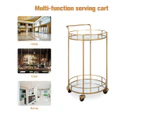 Round Gold Bar Cart Rolling Serving Drinks Metal Trolley Tea Wine Coffee Mobile Trolly 4 Wheels 2 Trays Mirrored Glass Top