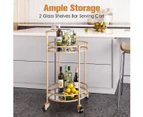 Round Gold Bar Cart Rolling Serving Drinks Metal Trolley Tea Wine Coffee Mobile Trolly 4 Wheels 2 Trays Mirrored Glass Top