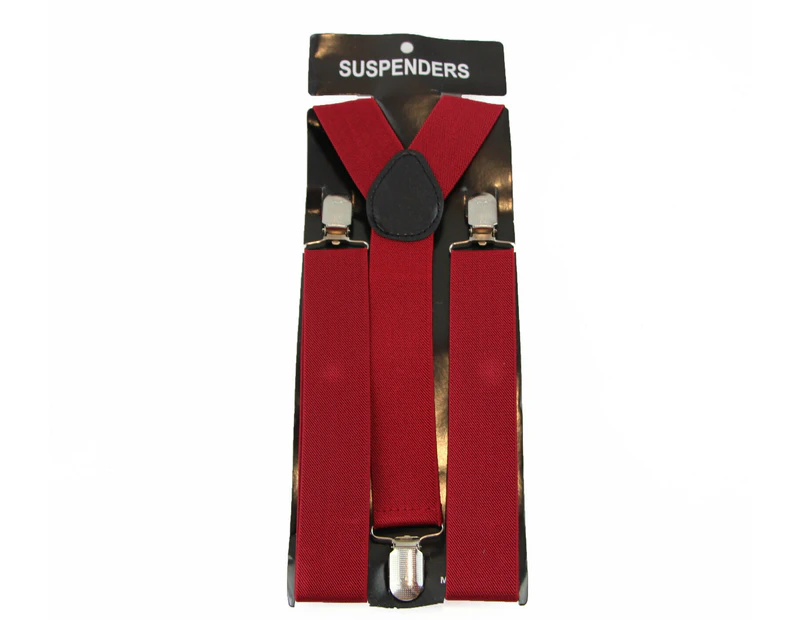 Mens Wide Suspenders Braces Strong Adjustable Wedding Party Black Green Blue Red Fabric - Dark Red