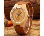 Vintage Bamboo Wood Watch Anchor Engraved Word Dial Leather Strap for Men