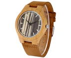 Stylish Men's Quartz Wood Watch Black and White Striped Dial Leather Strap