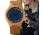 Stylish Bamboo Wood Watch Quartz Movement Blue Dial Leather Strap for Men