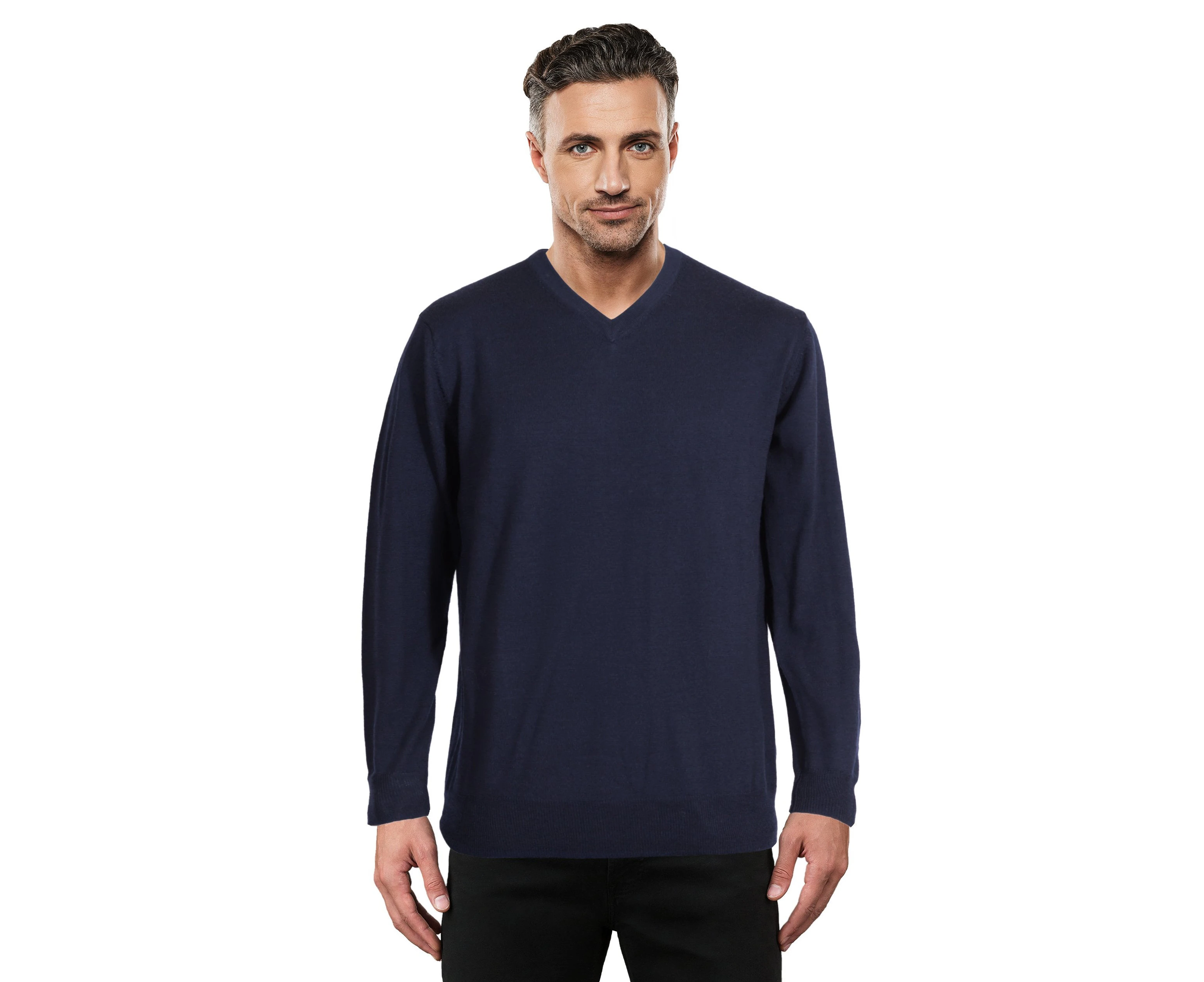 Ansett Men's Navy Blue Fine Weight Merino Wool V Neck Jumper