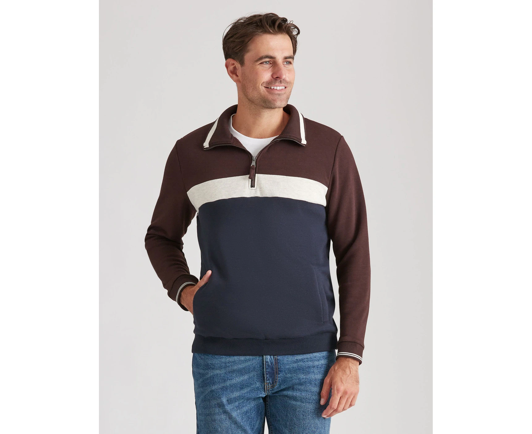 Rivers 1/4 Zip Panelled Pullover Jumper - Mens - Burgundy/Oatmeal Marl/Navy