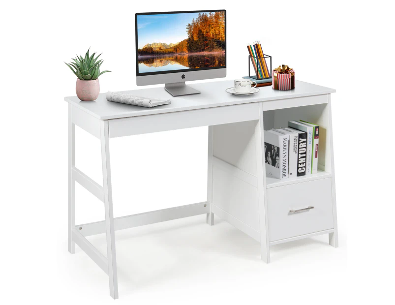 Giantex Computer Desk Writing Table w/ Spacious Desktop & Storage Shelf Drawer Modern Office Desk Study Table, White