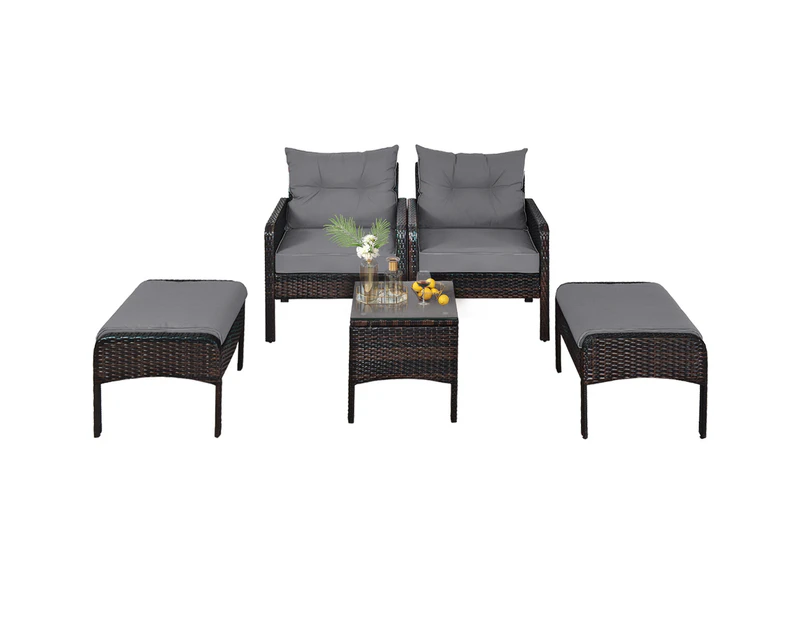 Costway 5 Piece Outdoor Furniture Wicker Lounge Set Patio Table And Chairs Cushion Seat Outdoor Ottomans Garden Yard, Grey