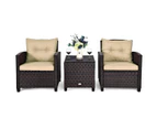 Costway 3PC Outdoor Lounge Setting Rattan Furniture Set Patio Table Chairs Cushion Bistro Garden Balcony, Khaki