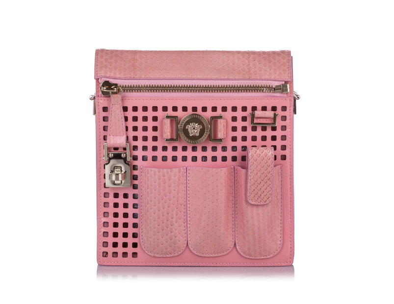Versace Preloved Perforated Patent Leather Crossbody Bag Women Pink - Designer - Pre-Loved
