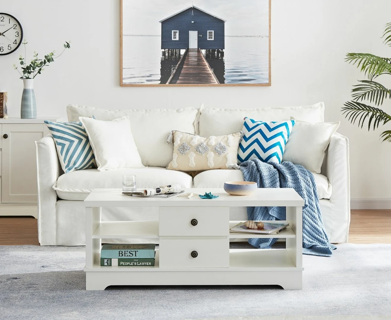 Margaux White Coastal Style Coffee Table with Drawers