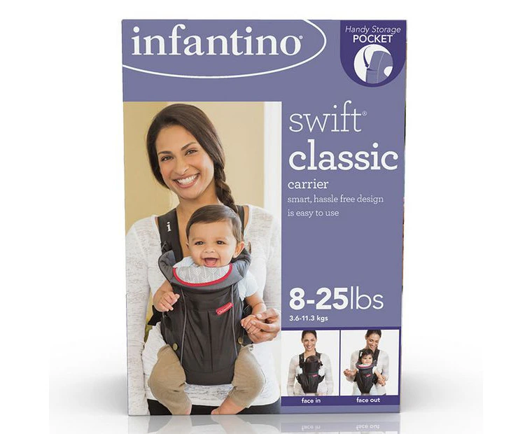 Infantino Swift Classic Carrier with Pocket - 2 Ways to Carry Black Carrier with Wonder Bib & Essentials Storage Front Pocket, Adjustable Back Strap, Inwar