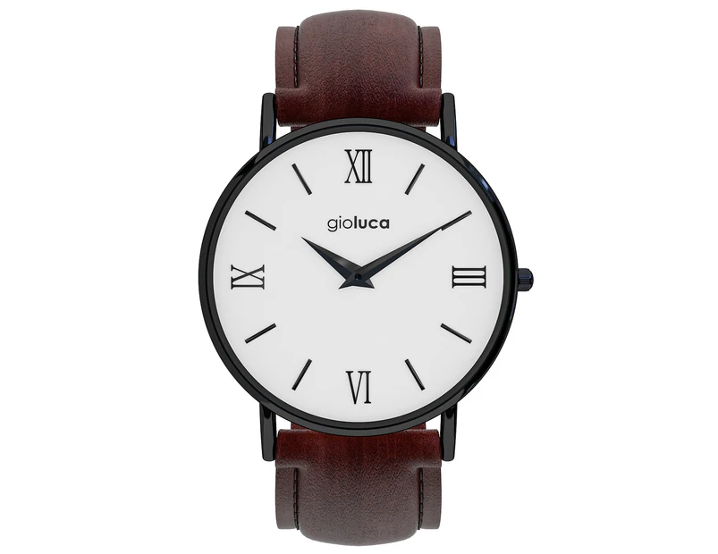 Gioluca Godfather Matte Black Watch White Face 40mm Diameter-Brown Leather Band