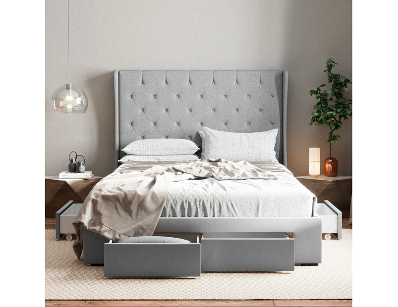 Tall Wing Back Storage Bed Frame With 4 Drawers In Grey Fabric (King, Queen  And Double Size) | Catch.Com.Au