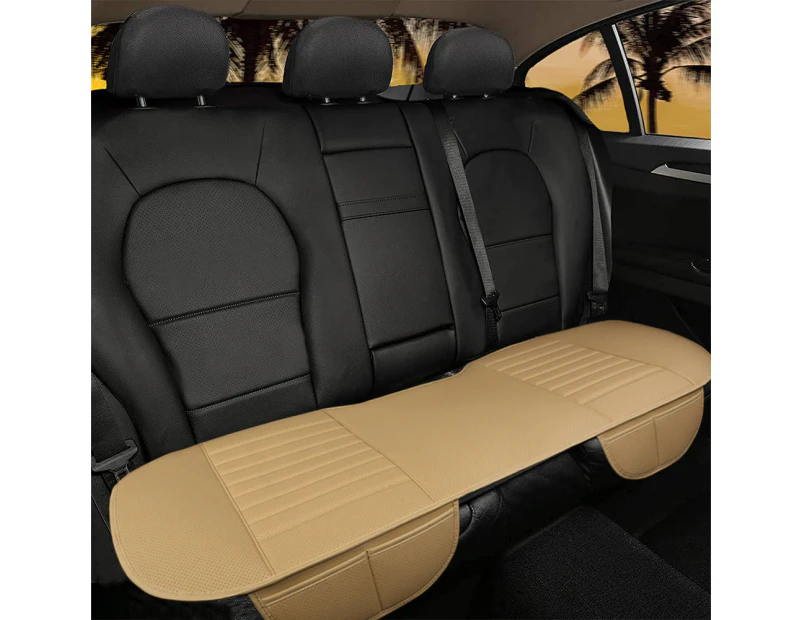 Faux Leather Car Rear Bench Seat Cover Pad with Storage Pockets Beige
