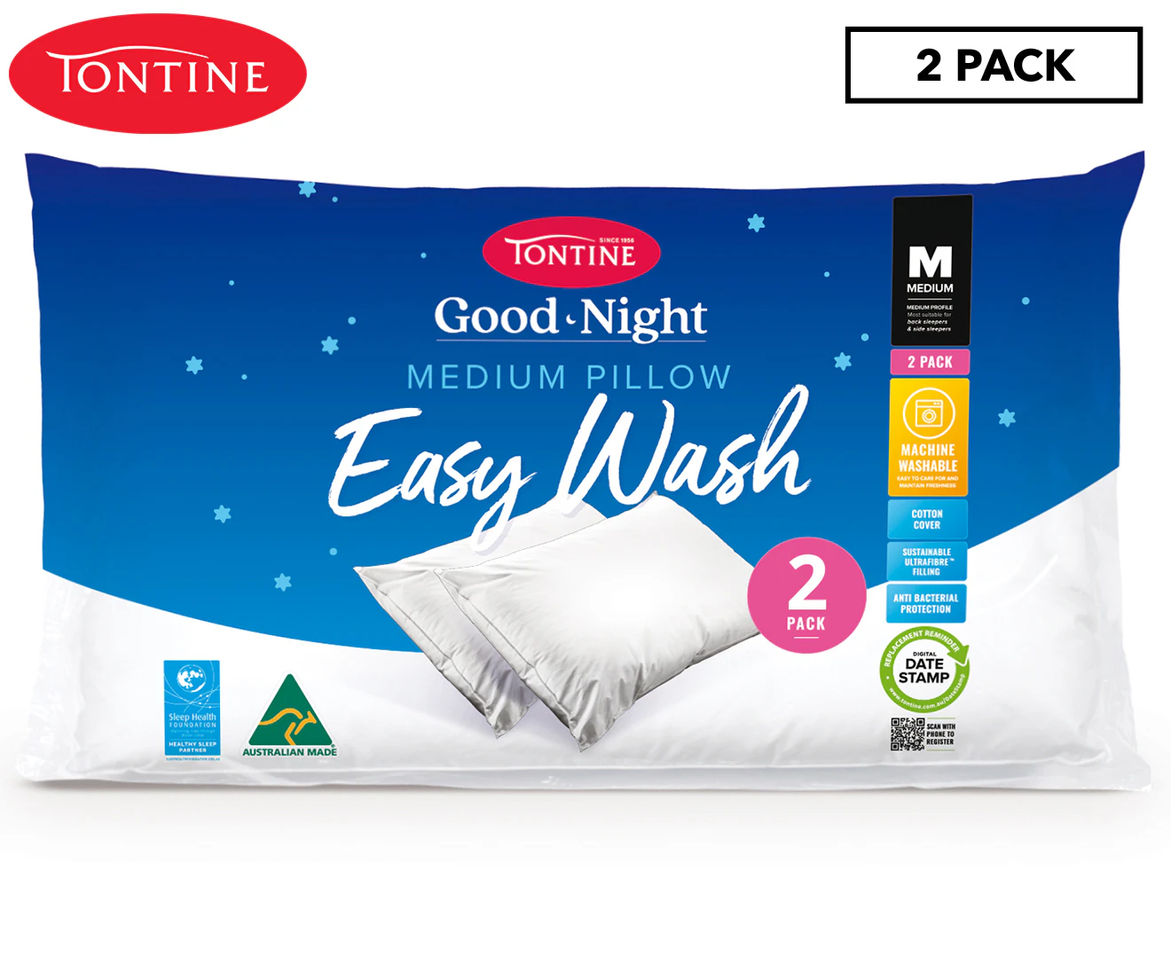 2PK Tontine Good Night Easy Wash Medium Sleeping Pillow Cushion Rectangle White