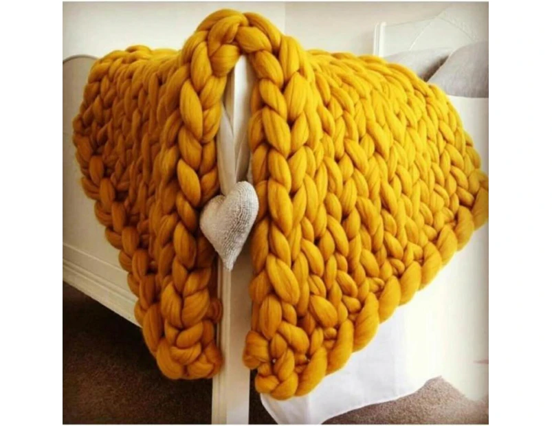 Chunky Knit Blanket Merino Wool Hand Made Throw- Golden Yellow