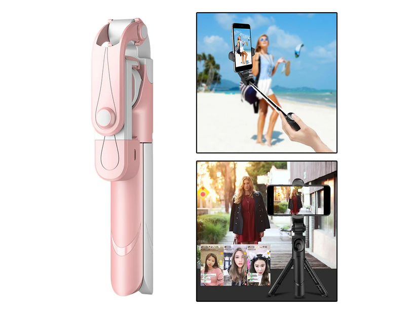 XT09 Portable Extendable Selfie Stick Tripod Stand for Recording Videos Pink White