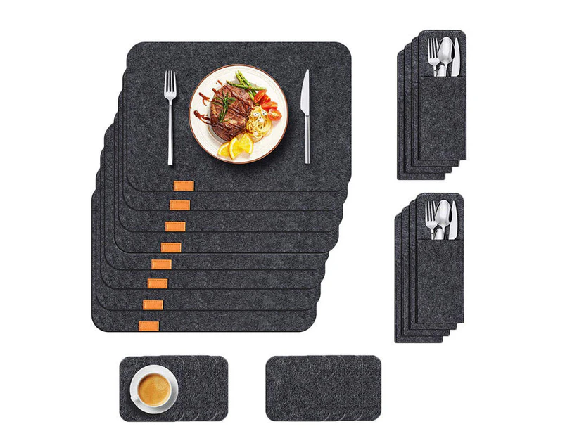 Bestier 8 Pack Felt Placemats Coasters Cutlery Set Heat-Resistant Non-Slip Table Mats for Home-Dark Gray