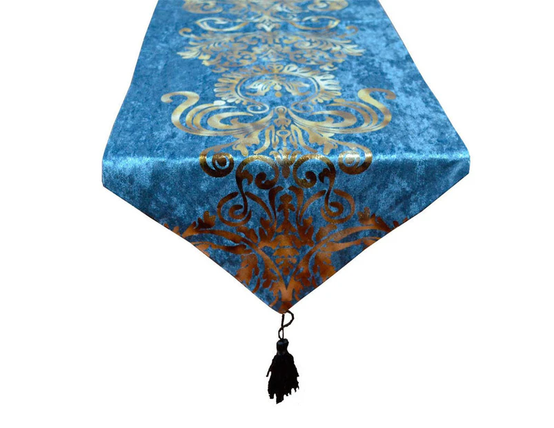 Bestier Hot Stamping Classic Floral Table Runner With Tassel-Blue