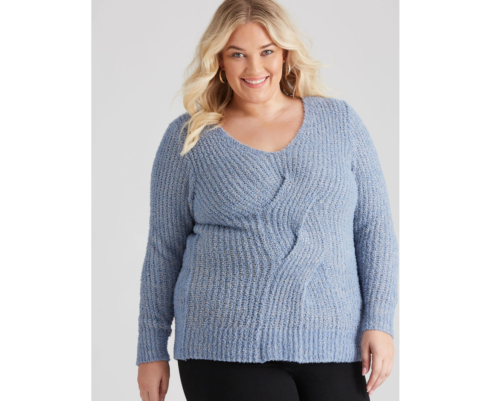 Beme Long Sleeve V-Neck Chenille Jumper - Womens - Plus Size Curvy - Blue Marle