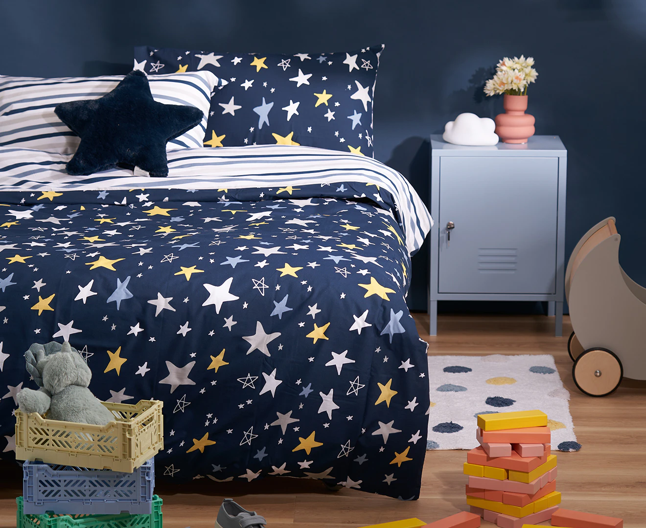 Minikins Junior Starry Night Reversible Quilt Cover Set - Navy