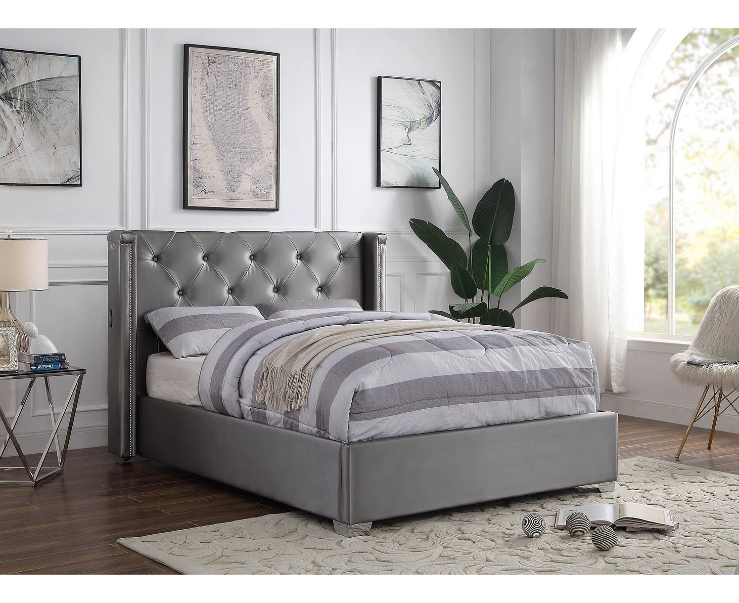 Empress Premium PU Fabric King Bed Frame Silver