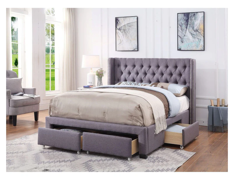 Bologna Premium Fabric King Bed Frame Grey Drawers