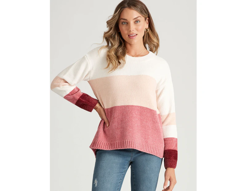 Rockmans Long Sleeve Colour Block Chenille Jumper - Womens - Pink