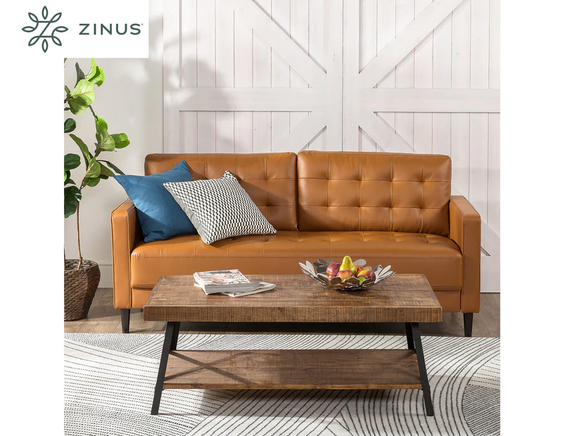 Zinus 3-Seat Benton Mid-Century Faux Leather Sofa - Brown Cognac/Black
