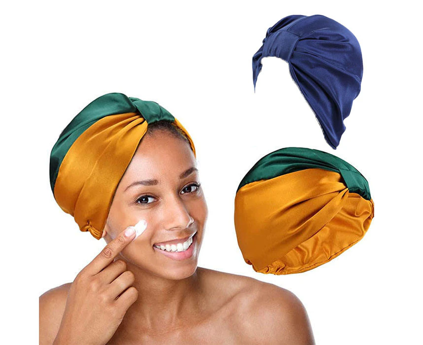 Beakey 2Pcs Silk Sleep Cap For Women Hair Care Natural Silk Night Bonnet With Elastic Stay On Head-Navy+Green Khaki