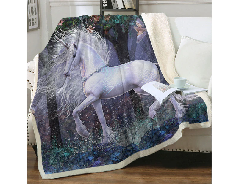 Magical White Unicorn and Birds Sacred Grove Throw Blanket