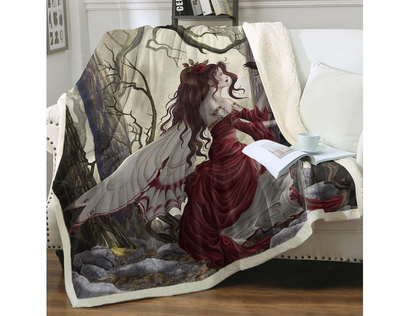 Fantasy Art the Red Fairy and Her Crow Throw Blanket