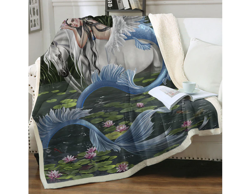 Cool Fantasy Art Pegasus and Water Lilies Pond Mermaid Throw Blanket