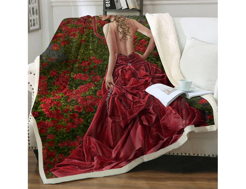 Fantasy Art Beautiful Red Dressed Woman and Dragon Throw Blanket