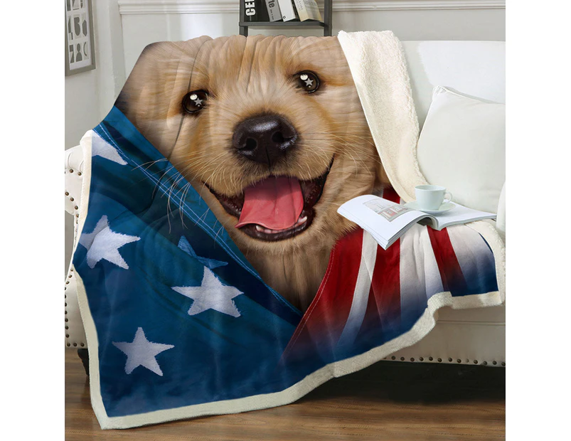 USA Flag Cute Golden Labrador Puppy Throw Blanket