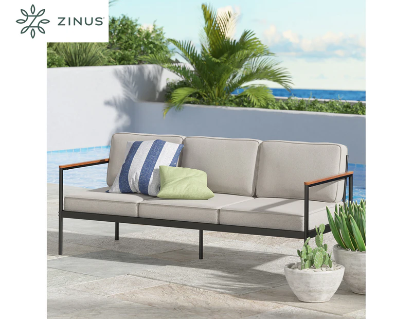 Zinus Savannah Acacia Wood Outdoor Sofa w/ Cushions - Black/Natural/Beige