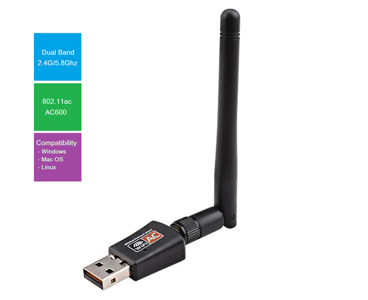 RoxTop 600 Mbps de Banda Dual a 2,4 Gris Adaptador de Red inalámbrica Wi-Fi USB de 5 GHz w/Antena 