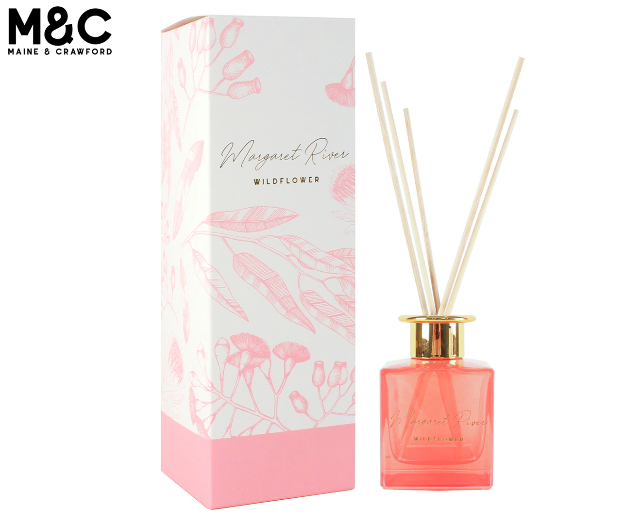 Maine & Crawford 200ml/23cm Glass Diffuser Home Fragrance Margaret River Pink