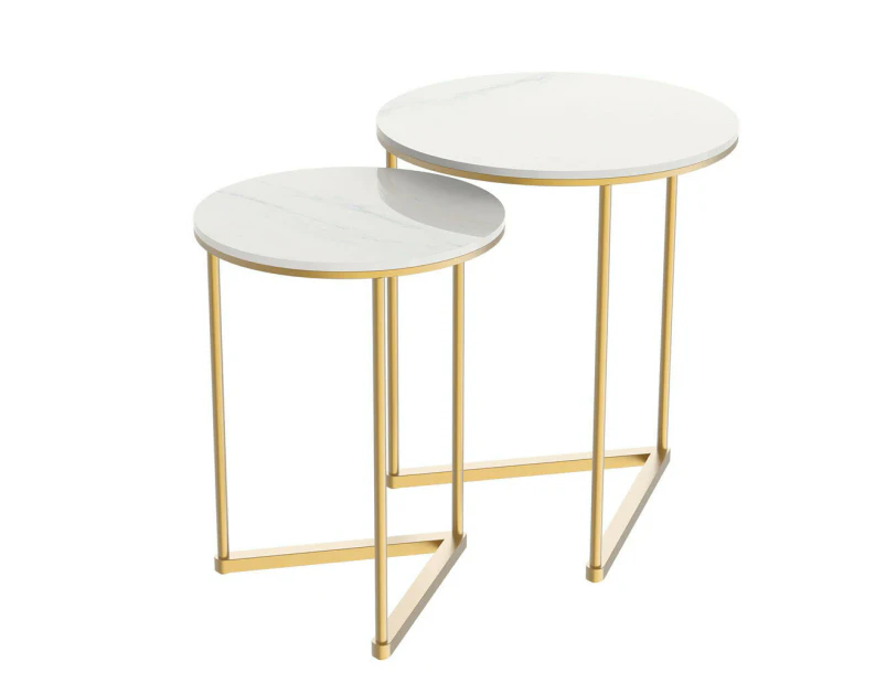 Fine Store - Round Nesting Table Set Side Coffee Table Marble Top with Gold legs (set of 2)