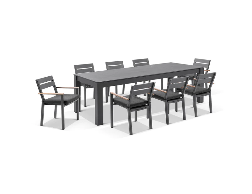 Hugo Ceramic 2.5m Outdoor Aluminium Dining Table with 8 Capri Chairs Setting - Outdoor Aluminium Dining Settings - Charcoal