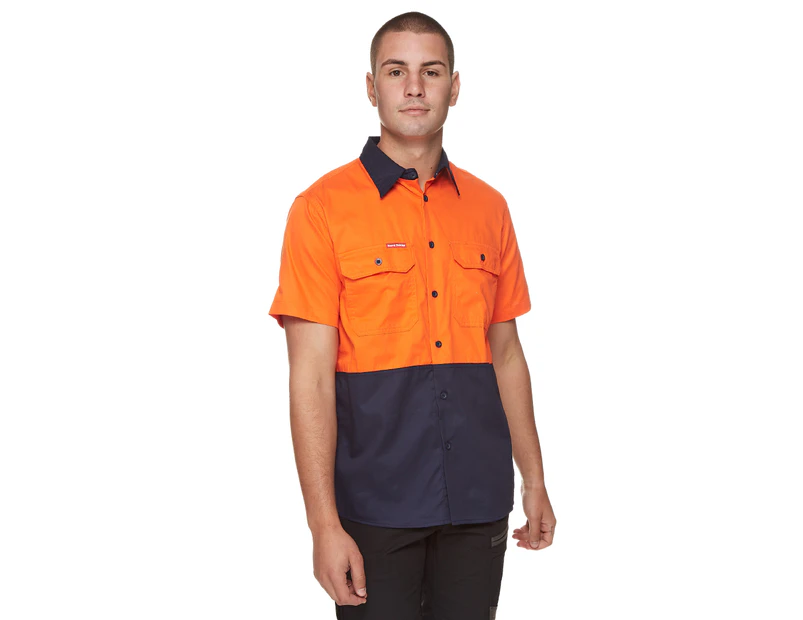 Hard Yakka Men's Short Sleeve Hi-Vis Two-Tone Shirt - Orange/Navy