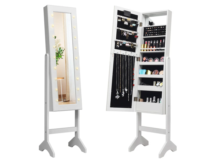 Giantex Jewelry Armoire w/ LED Lights Free Standing Mirrored Jewelry Cabinet w/Large Storgae Space & Mirror,White