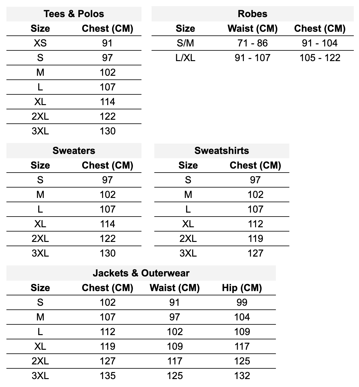 Calvin Klein Coat Size Chart