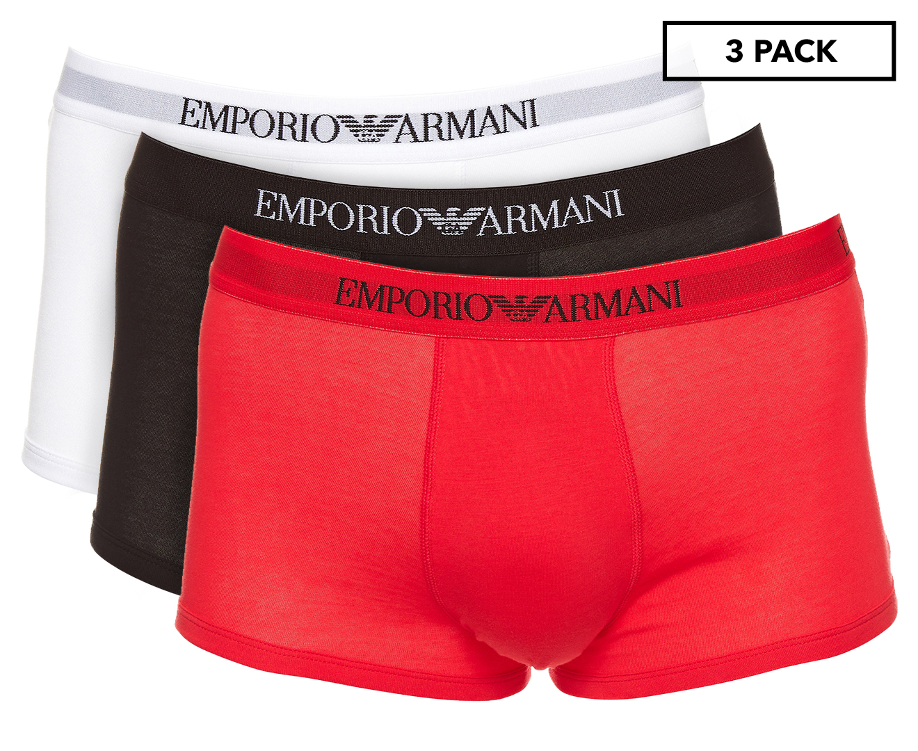 Emporio Armani Men's Pure Cotton Trunks 3-Pack - White/Red/Black |  
