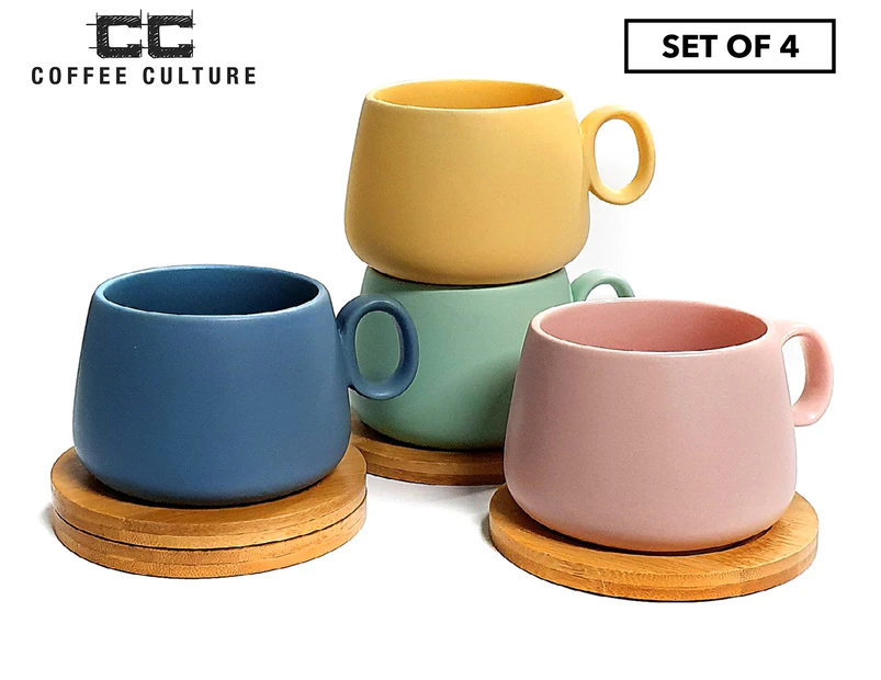 Set of 4 Coffee Culture 90mL Matte Colour Espresso Cups & Coasters