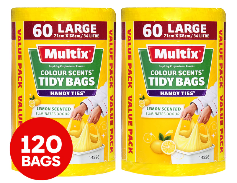 2 x 60pk Multix Large 34L Colour Scents Handy Ties Tidy Bags Lemon