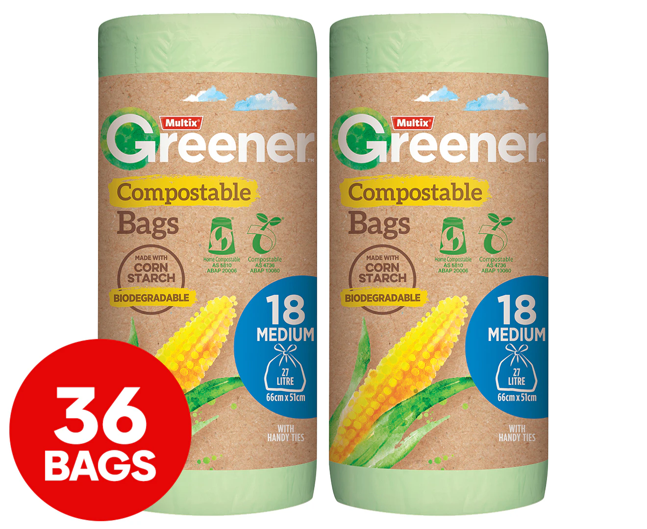 2 x 18pk Multix Greener Plant Based Compostable Medium Kitchen Tidy Bags