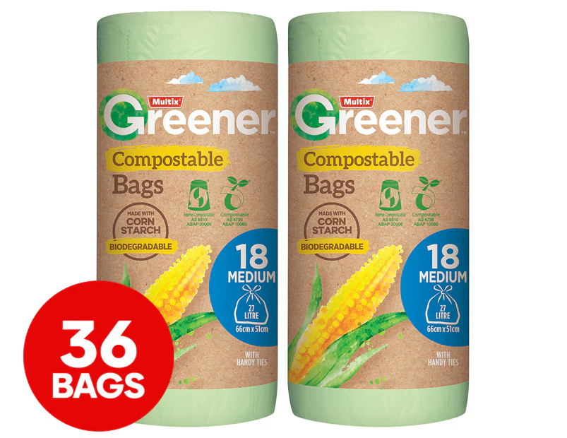 2 x 18pk Multix Greener Plant Based Compostable Medium Kitchen Tidy Bags