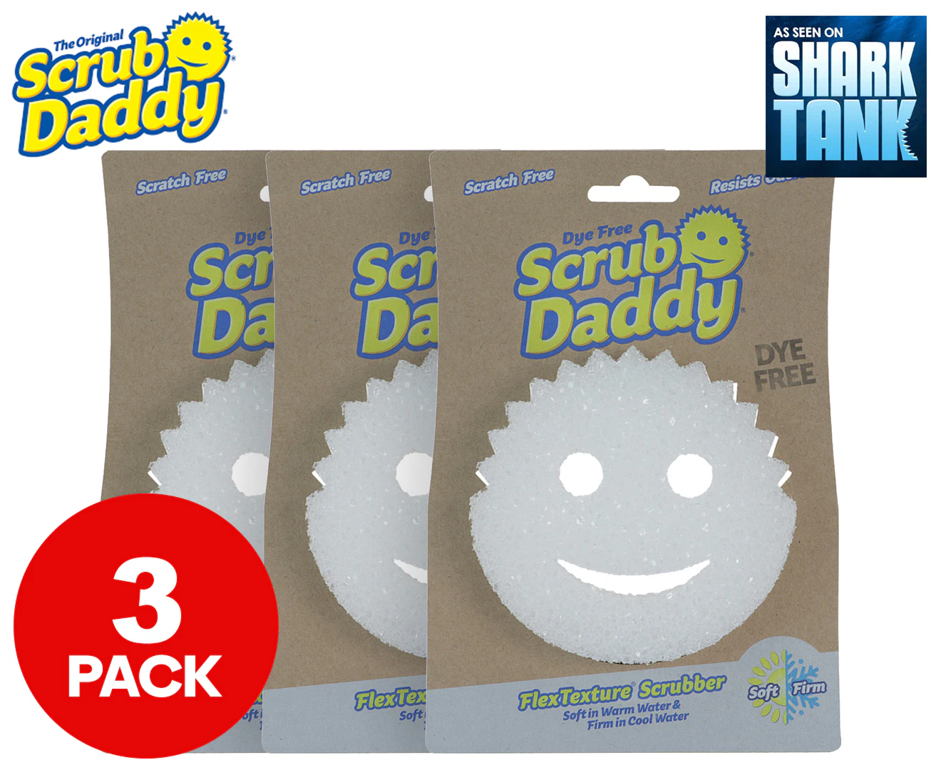 3 x Scrub Daddy Dye Free Flex-Texture Scrubber